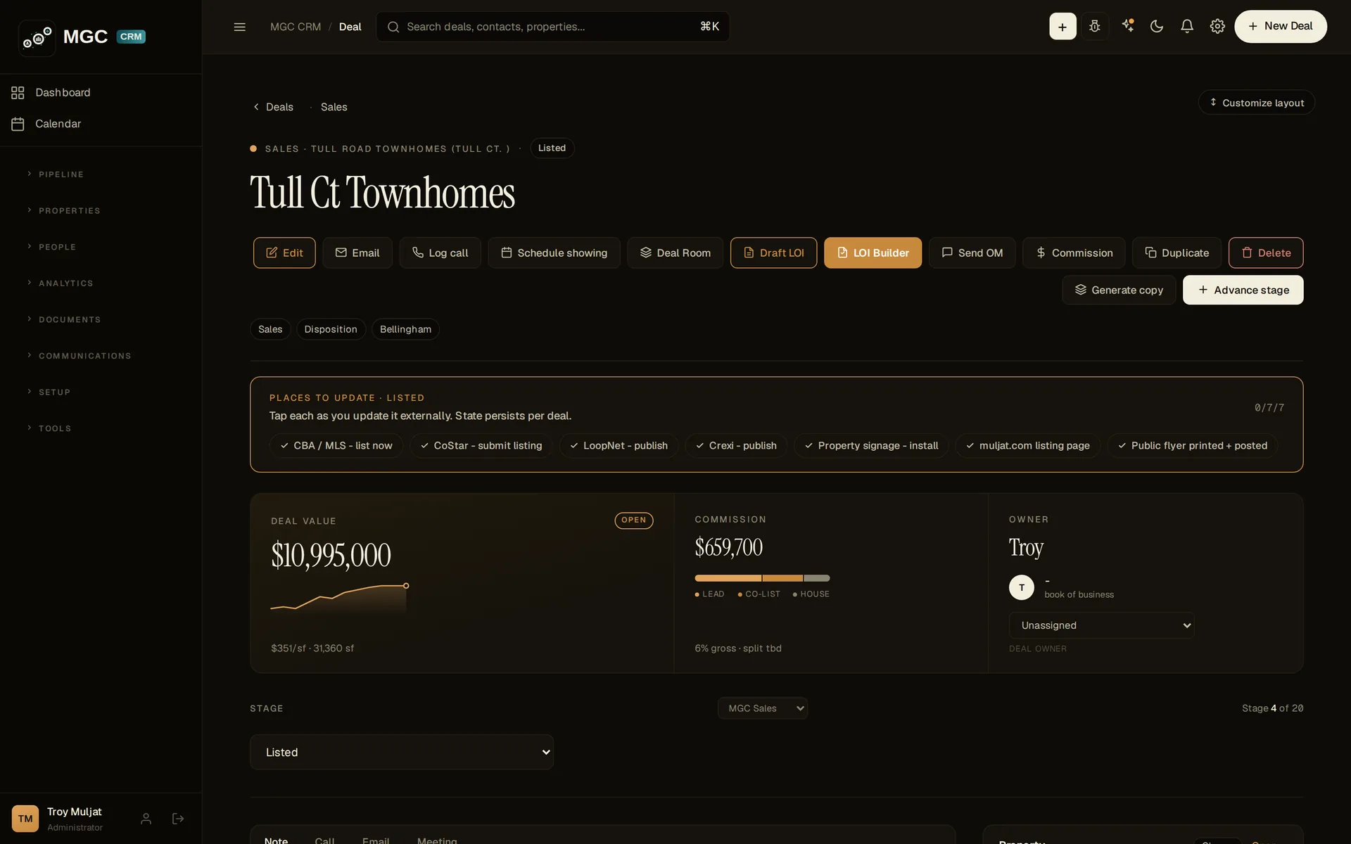 A deal page showing the Places to update syndication checklist for a listed property