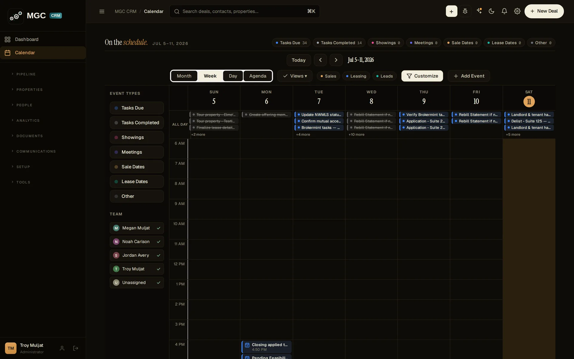 A weekly calendar with per-teammate filters and colour-coded event types